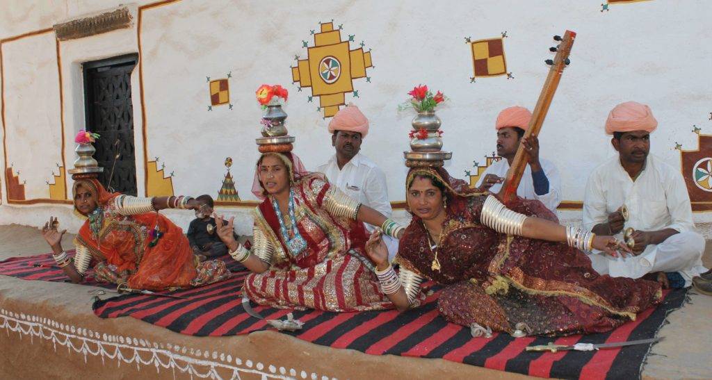 Local folk artists performing at Udaipur Shilpgram