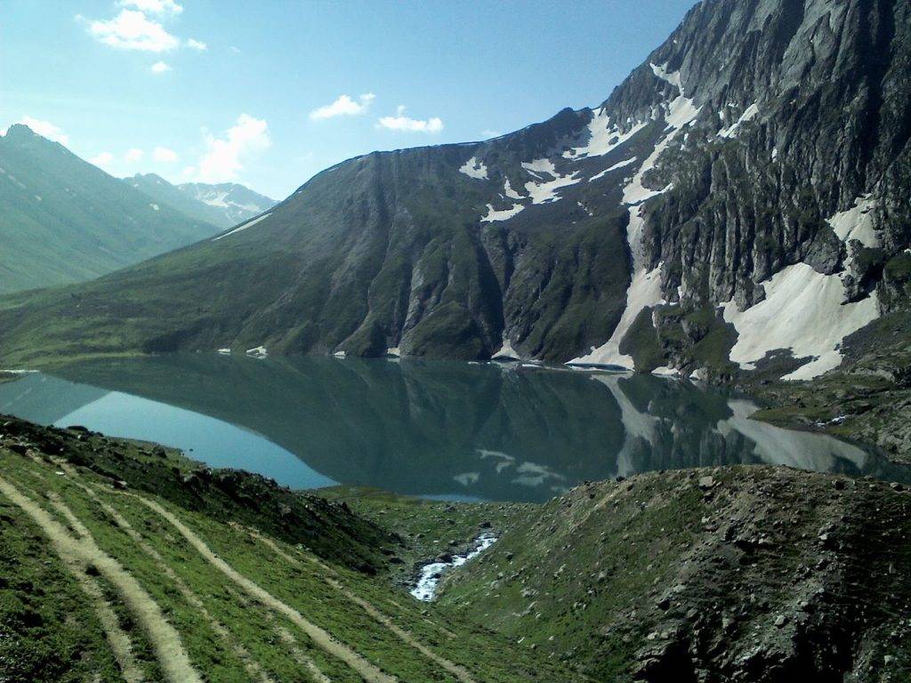 Reflection of mountains on the waters of Krishnasar Lake