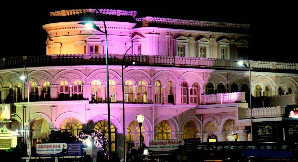 Night view of Chennai Vivekananda House under lights
