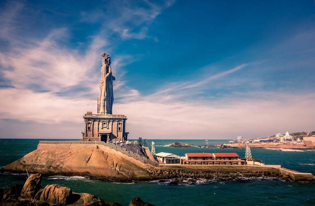 Thiruvalluvar Statuestanding tall on the sea waters overlooking the Kanyakumari town