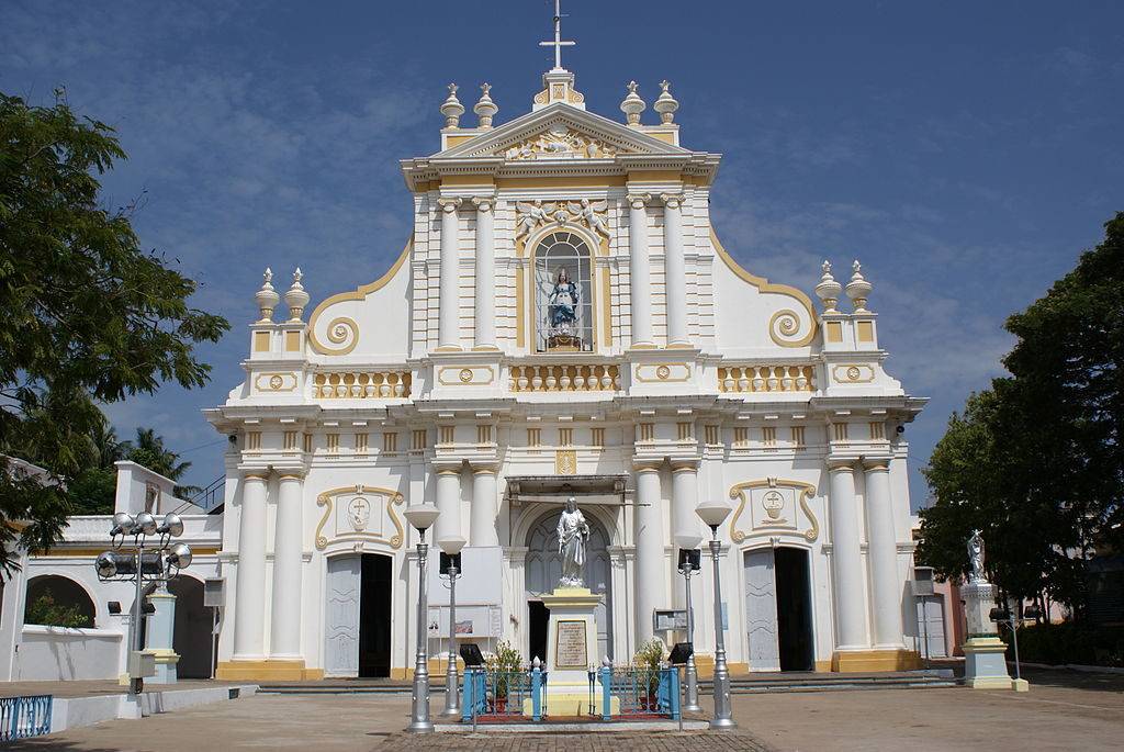 Immaculate Conception Cathedral building at Pondicherry standing under a blue sky