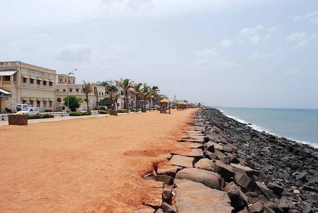 buildings facing the sea at Promenade Beach in Pondicherry