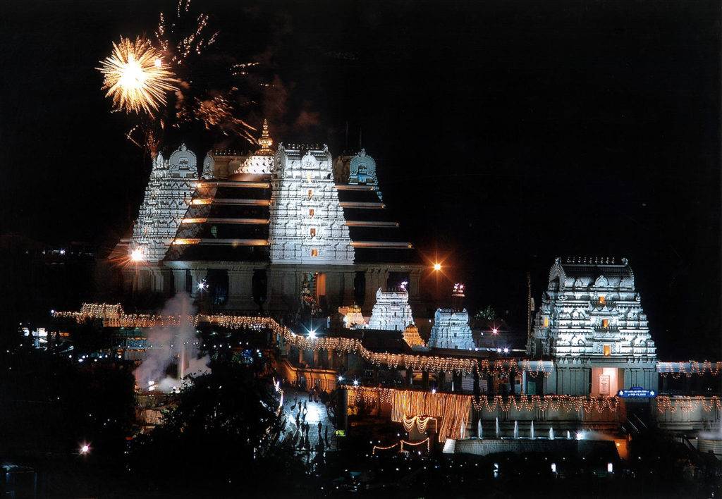 Fireworks and lighting at night at ISKON temple Bangalore