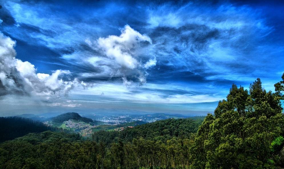 view of Ooty town under blue sky from Doddabetta Peak