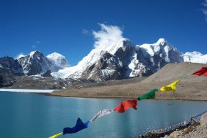Blue waters of Gurudongmar Lake on a bright sunney day and blue sky