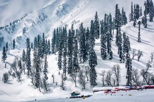 Winter sports in the snow covered valley of Gulmarg
