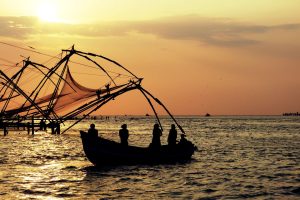Chinese Fishing Nets in the evening lights on the sea at Kochi