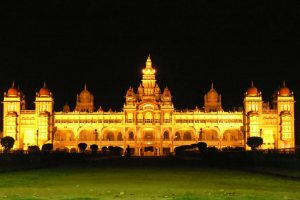 View of Mysore Palace under light at night