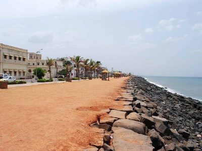 buildings facing the sea at Promenade Beach in Pondicherry