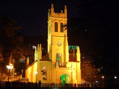 Shimla Anglican Christ Church under lights at night