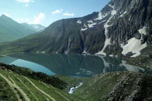 Reflection of mountains on the waters of Krishnasar Lake