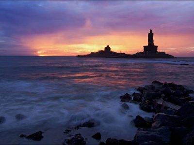 Vivekananda Rocks in Kanyakumari in theevening lights