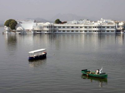 White building of Udaipur Lake Palace situated in the middle of the lake